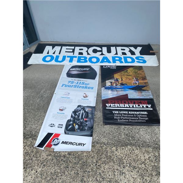 3 Large Vinyl Banners Advertising Mercury Outboards and Lowe Boats- Looks Great