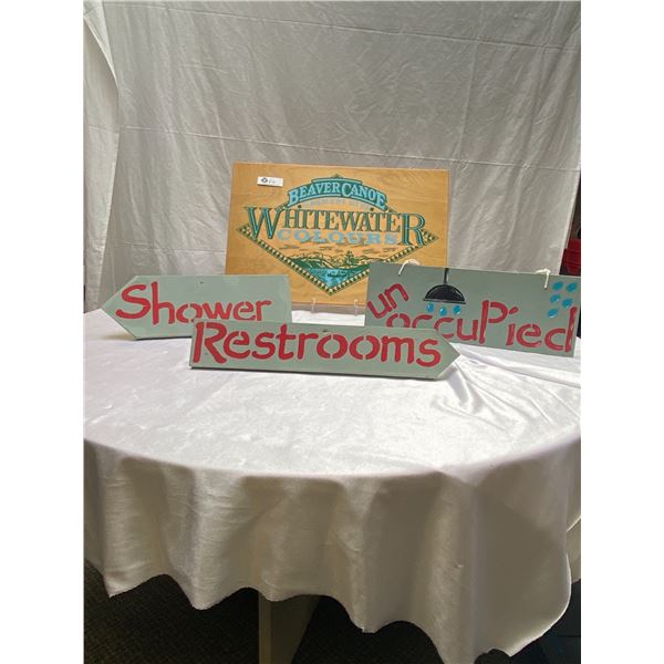 Assorted Wooden Signs. Beaver Canoe Whitewater Colours Sign and Campground Signs