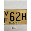 Image 2 : 1944 New Jersey License Plate Good Condition ( WWII Era)