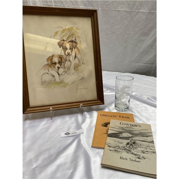 2 Signed Cowboy Books By Rick Stever A Jack Russel Puppies Framed Picture and Cowboy Glass