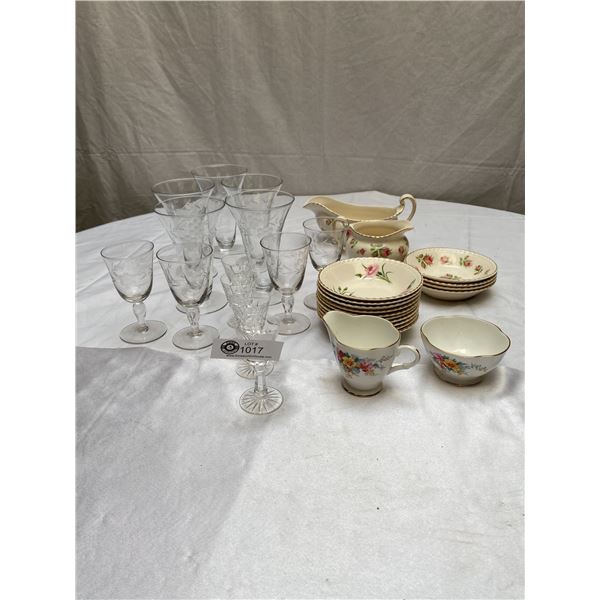 Vintage Lot of Johnson Bros Dishes and Etched Glasses