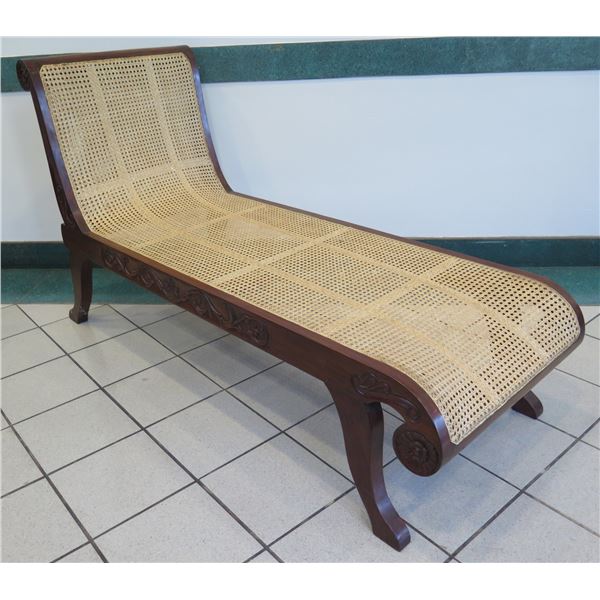 Cane Rattan Chaise w/ Carved Hardwood Frame, Carve Scroll Details 67.5"x 28" x 41"H