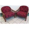 Image 1 : Pair of Rattan Chairs with Red & Black Damask Cushions 32"W x 21"D x 31"H