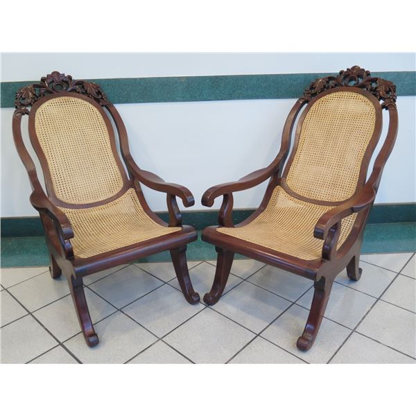 Pair of Cane Rattan Chairs w/ Carved Hardwood Frame, Curved Legs 22.5"x 24" x 42"H