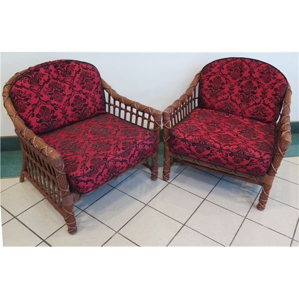 Pair of Rattan Chairs with Red & Black Damask Cushions 32"W x 21"D x 31"H