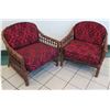 Image 1 : Pair of Rattan Chairs with Red & Black Damask Cushions 32"W x 21"D x 31"H