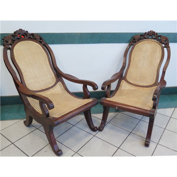 Pair of Cane Rattan Chairs w/ Carved Hardwood Frame, Curved Legs 22.5"x 24" x 42"H