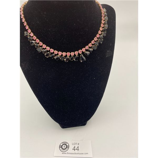 Stunning Black and Pink Vintage Rhinestone Necklace