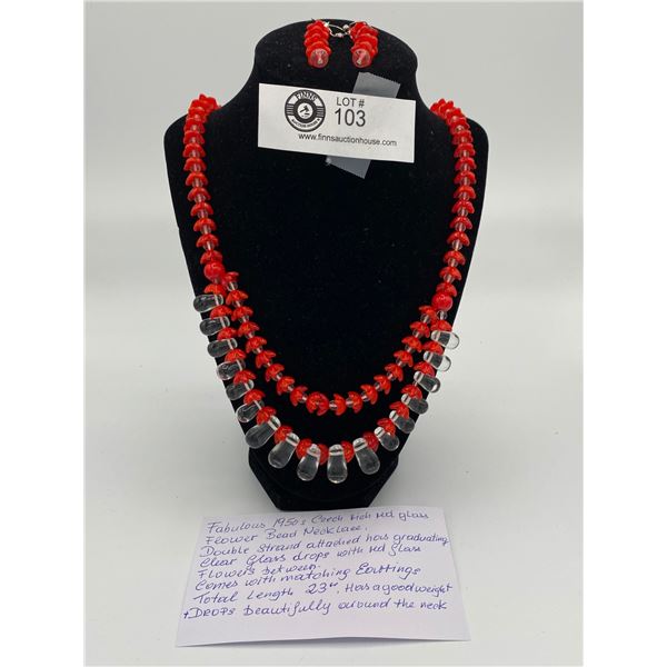 Fabulous 1950's Czech Rich Red Glass Flower Bead Necklace