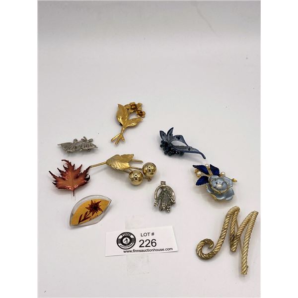 8 Vintage Brooches & Large BSK "M" Brooch