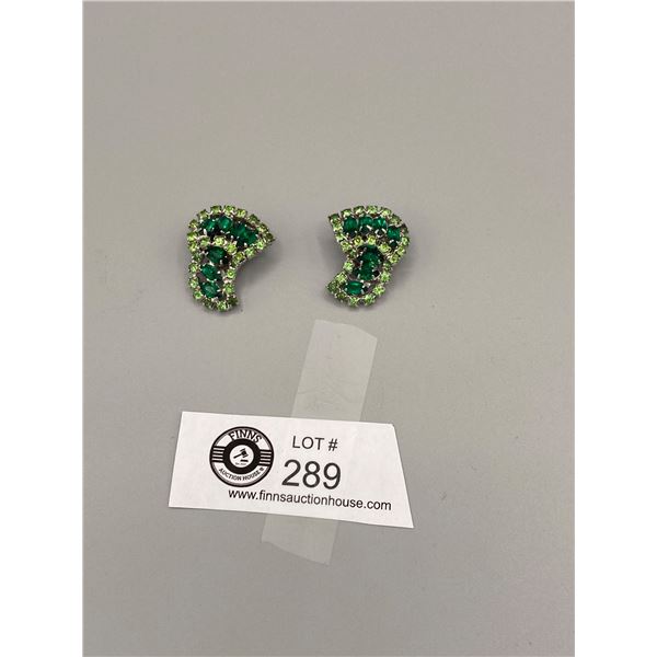 Fabulous Pair of Emerald Green Coninnental " Rhinestone" Earrings