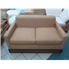 Image 2 : Tan Loveseat w/ Carved Wooden Base 60"x27"x26" Arm Ht.