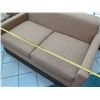 Image 8 : Tan Loveseat w/ Carved Wooden Base 60"x27"x26" Arm Ht.