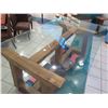 Image 7 : Large Thick Glass Table-Top w/ Wooden Base 100" x 50" (red rolling carts not included). Tiny nick