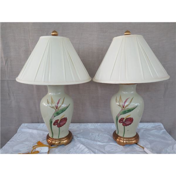 Qty 2 Porcelain Ginger Jar Lamps w/ Shades, Tropical Flowers, Artist Pamela Shirley (approx. 31"H w/