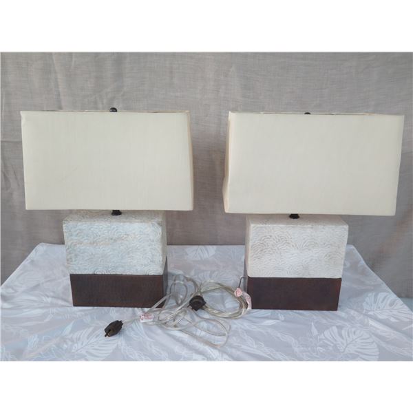 Qty 2 Short Solid Stone Block Lamps w/ Shades (approx. 16"H w/ shades)