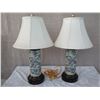 Image 1 : Qty 2 Tall Glazed Porcelain Cylinder Lamp w/ Shades (approx. 30"H w/ shades)