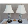 Image 1 : Qty 2 Tall Glazed Porcelain Cylinder Lamp w/ Shades (approx. 33"H w/ shades)