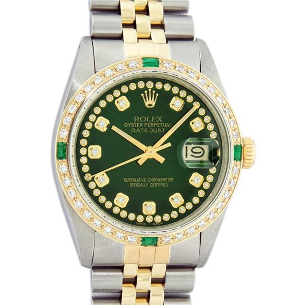 Rolex Mens 2 Tone Green String Diamond & Emerald Datejust Wristwatch