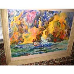 Big WW11 Japanese Naval Battle Scene Painting #1787956