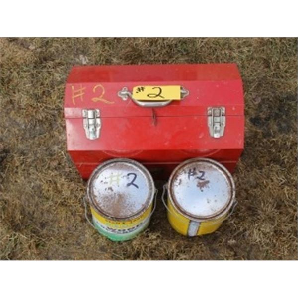 RED TOOL BOX, 2 PAINT CANS