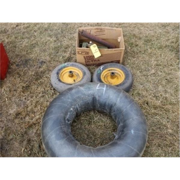 TIRE TUBE, 2 SPARE TIRES, BOX OF MISC GREASE GUNS