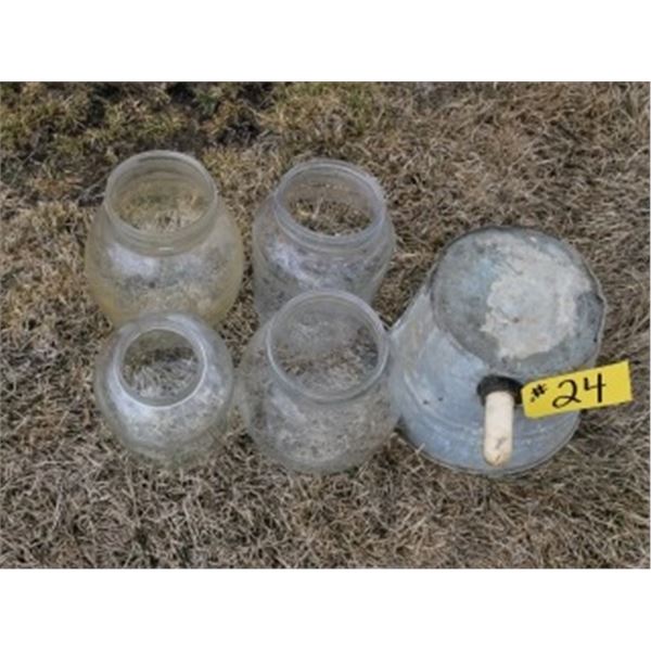 CALF PAIL &  4 OLD GLASS JARS