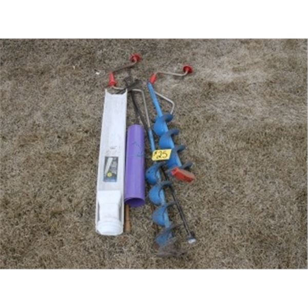 2 ICE AUGERS, STEEL RODS, GRASS WHIP, EAVES TROUGHS