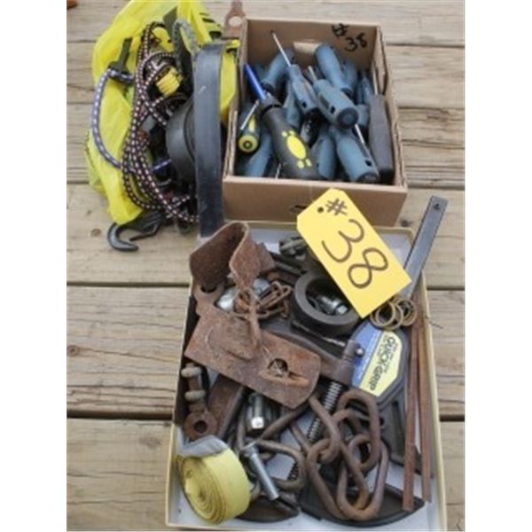 QUANTITY OF SCREWDRIVERS, C-CLAMPS, BUNGEE CORDS