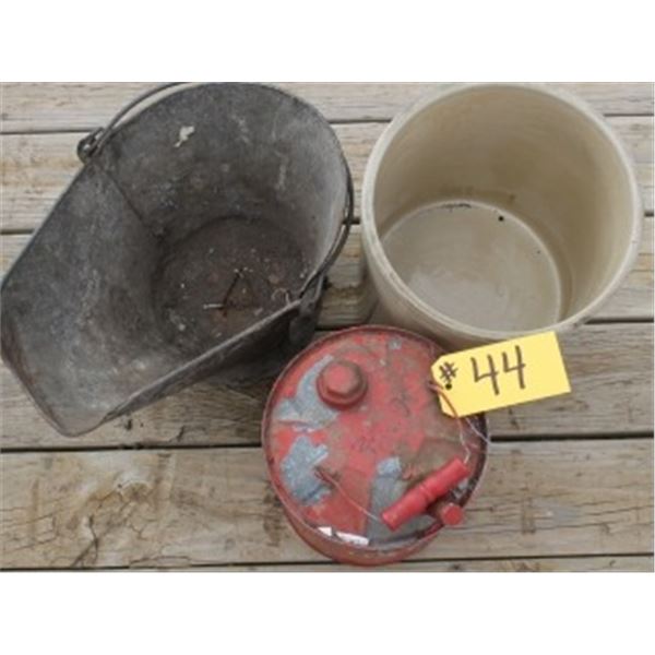 COAL PAIL, GAS PAIL, 3 GALLON MEDALTA CROCK (CHIPPED)
