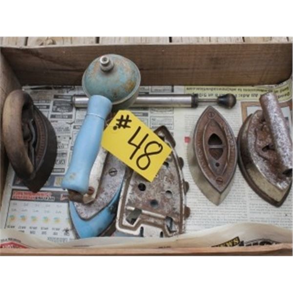 4 SAD IRONS & LAMP PUMP