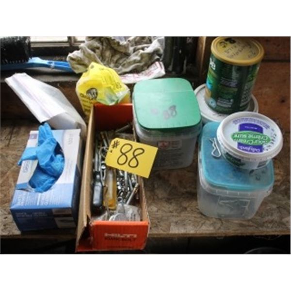 ASSORTED SCREWS, BOLTS, ANCHORS & GLOVES