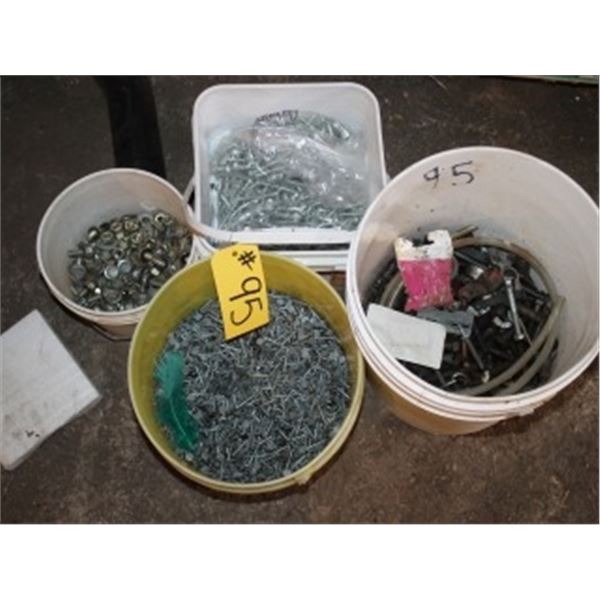 5 PAILS OF NAILS, SCREWS, & BOLTS