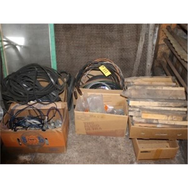WOOD STAKES, BELTS, WIRE, COPPER, PULLEYS
