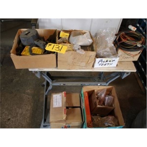 6 BOXES OF MISC PARTS, BEARINGS, ELECTRICAL & WORK BENCH