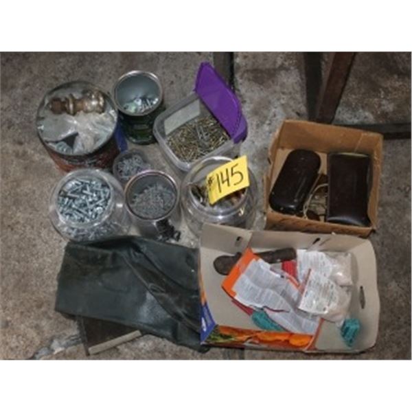 VARIOUS SCREWS, BALL HITCH, GLOVES & MISC
