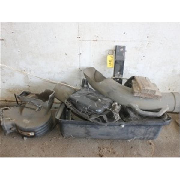 BIN WITH PARTS, HITCH, CORD REEL, ETC