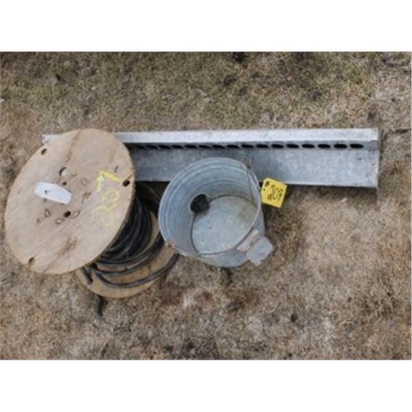 CHICKEN FEEDER, CALF PAIL, PARTIAL ROLL OF WATER