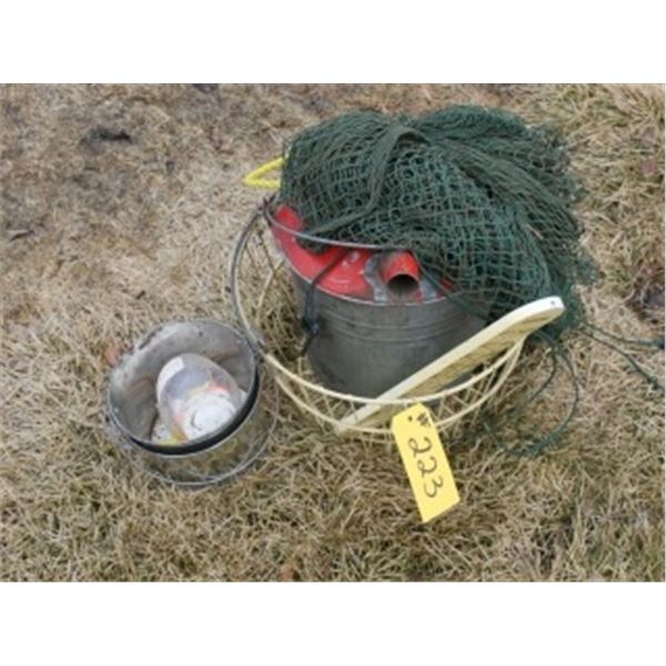 EGG BASKETS, FISHING NET, THERMOMETER, METAL GAS CAN, 2 METAL PAILS