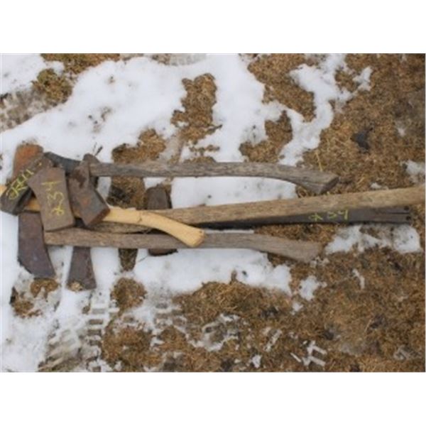 APPROX. 3 AXE HEADS, SLEDGE HAMMER, 3 AXES