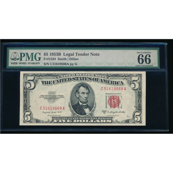 1953B $5 Legal Tender Note PMG 66