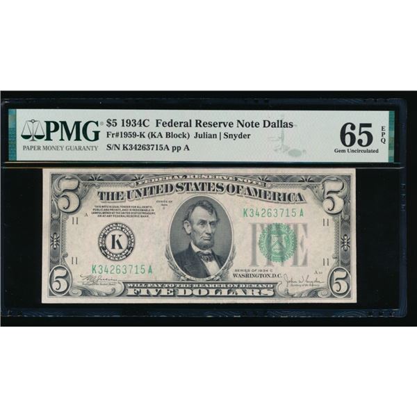 1934C $5 Dallas Federal Reserve Note PMG 65EPQ