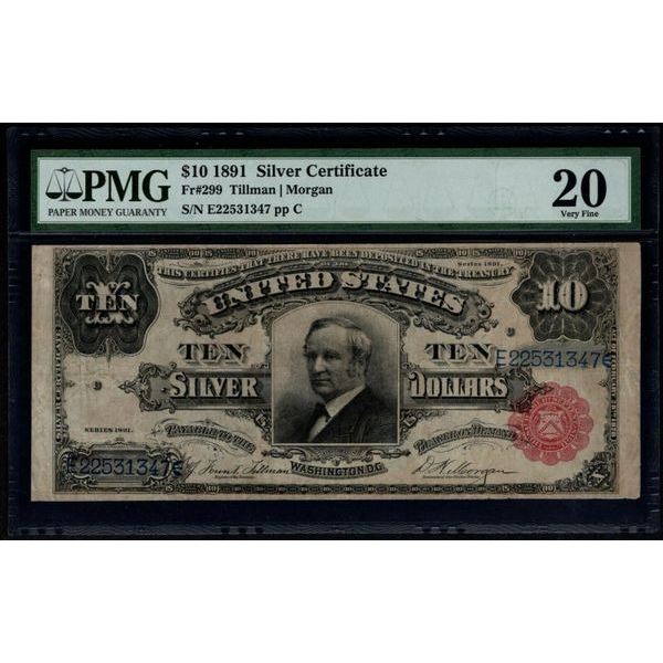 1891 $10 Tombstone Silver Certificate PMG 20