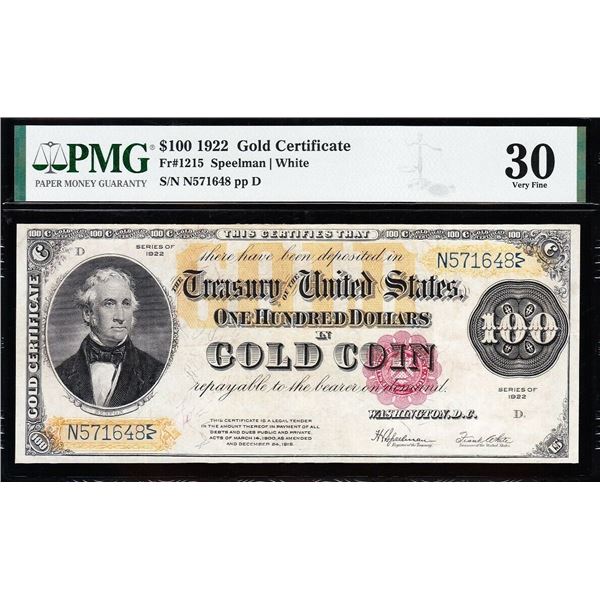 1922 $100 Gold Certificate PMG 30