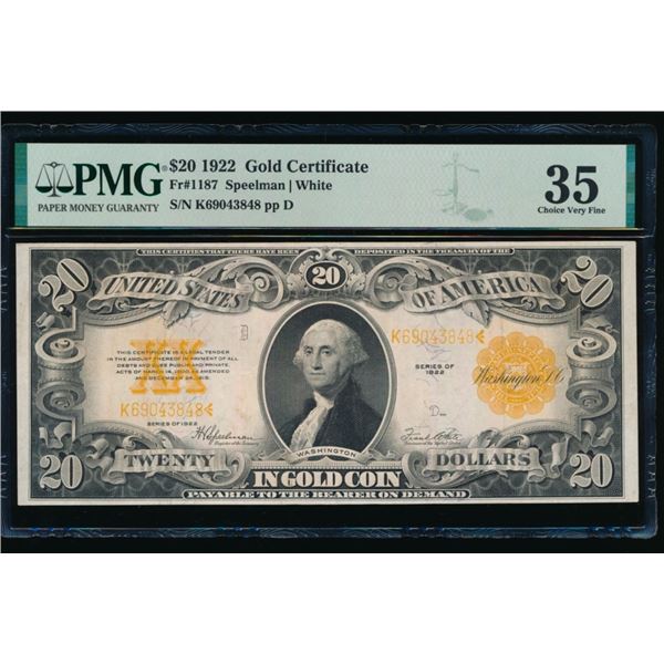 1922 $20 Gold Certificate PMG 35