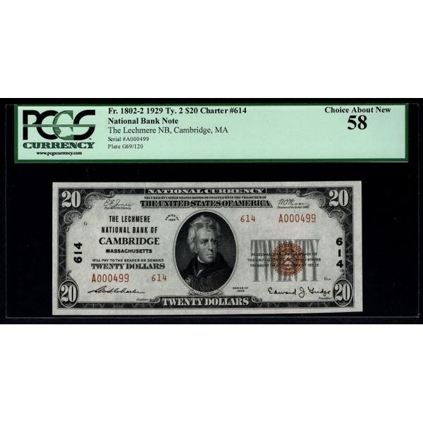 1929 $20 Cambridge National Bank Note PCGS 58