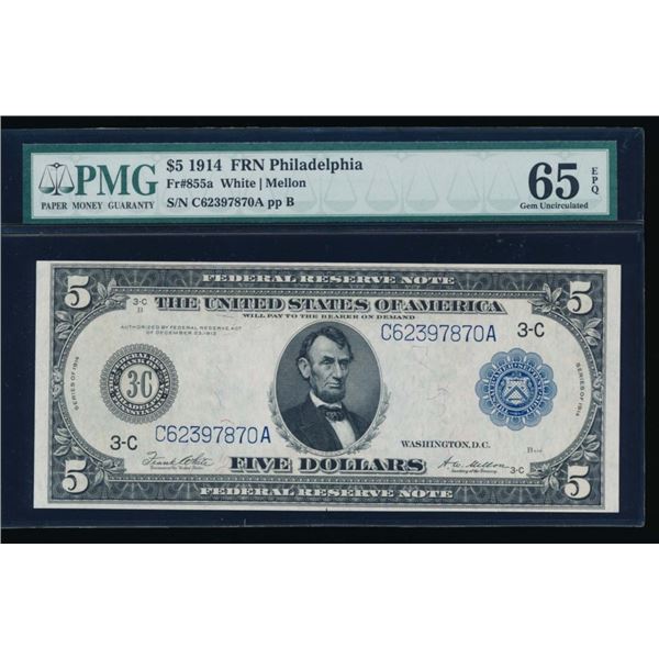 1914 $5 Philadelphia FRBN PMG 65EPQ