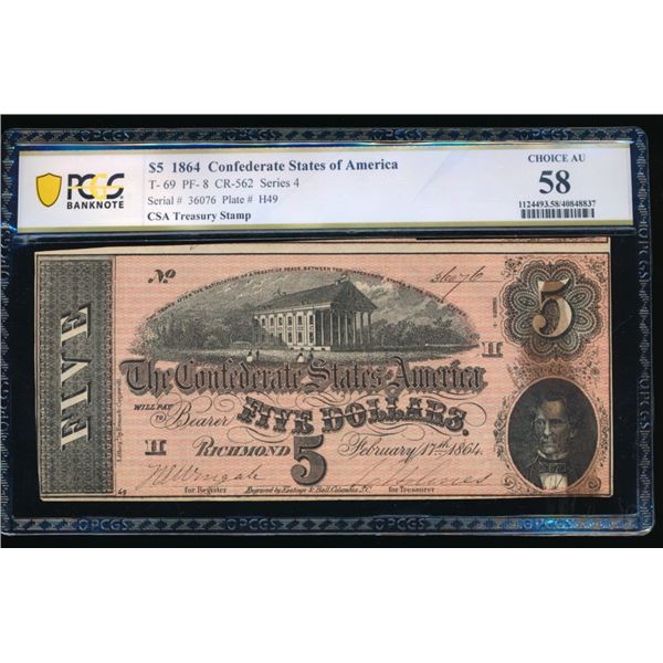 1864 $5 T-69 Confederate PCGS 58