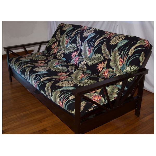 Futon, Table w/ 4 Chairs, Round Metal Wood Shelf & Vases