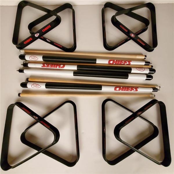 (4) Kansas City Chiefs Pool Cues & 4 Chiefs/(4) 49ers Billiard racks (New)